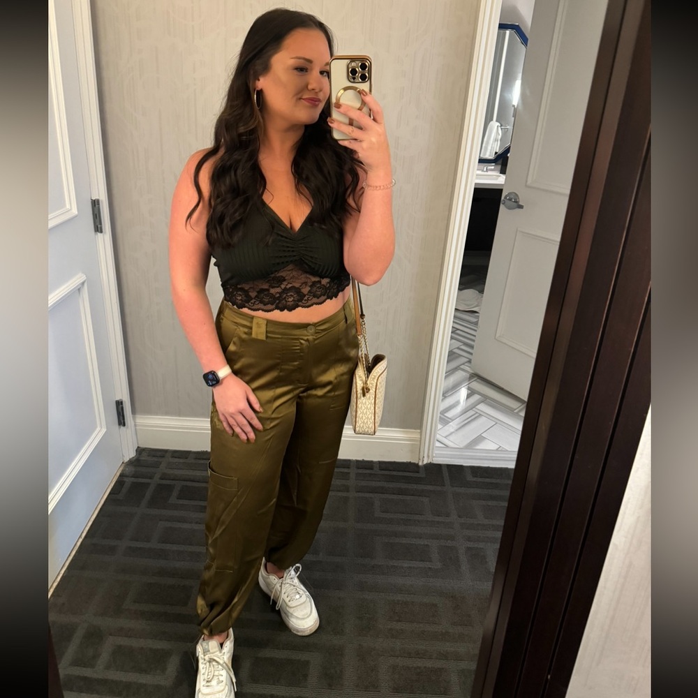 Olive green satin balloon joggers